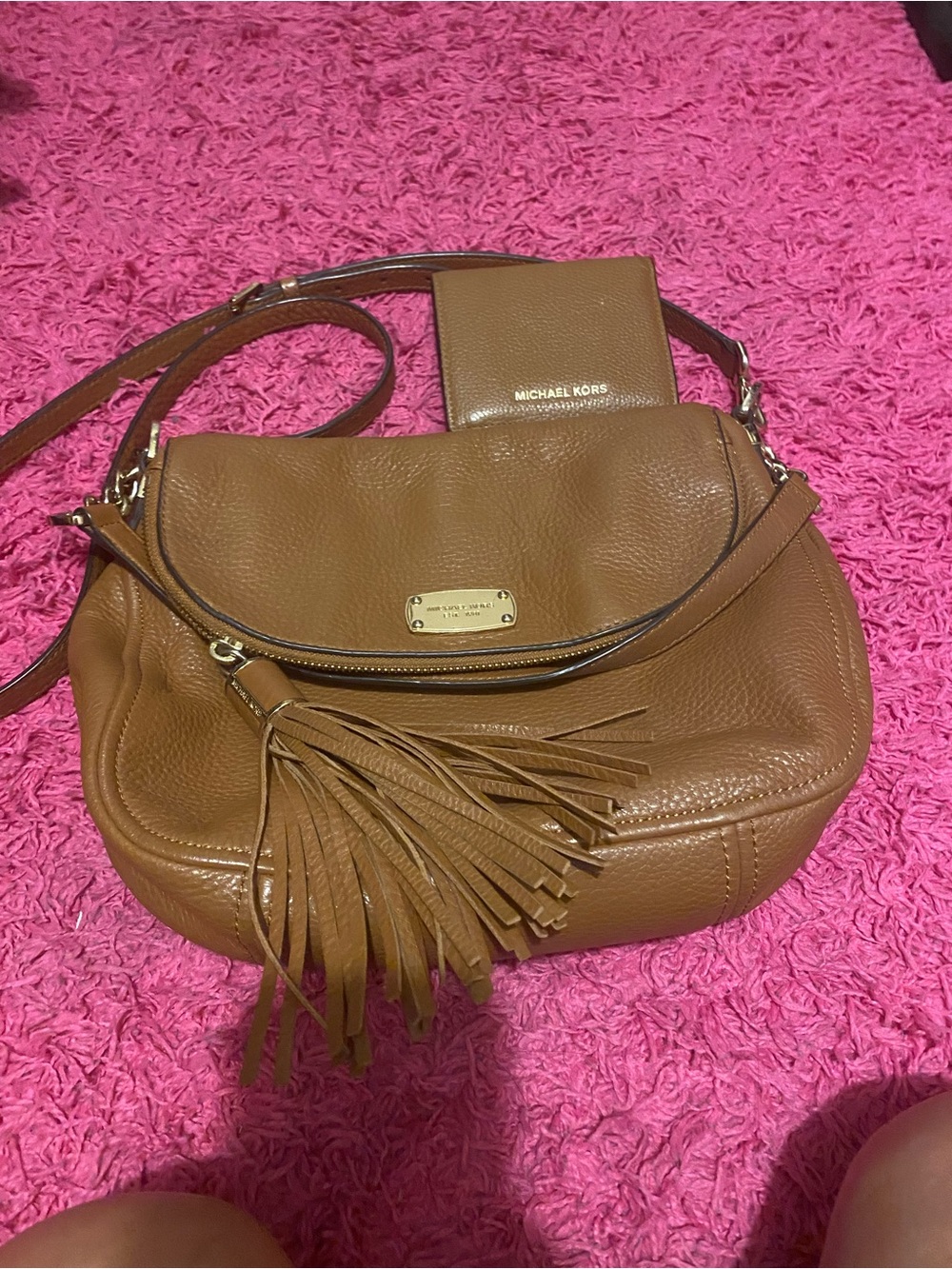 Michael Kors Tan Pebbled Leather Shoulder Bag with Tassel